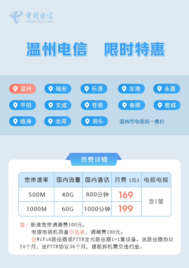 温州电信5G畅享169元套餐500M宽带+送华为FTTR1+1全光路由器一套 百兆光纤超低价 温州电信宽带办理 温州电信宽带套餐 温州电信宽带资费 温州电信宽带包年 2024实时宽带资费 第1张